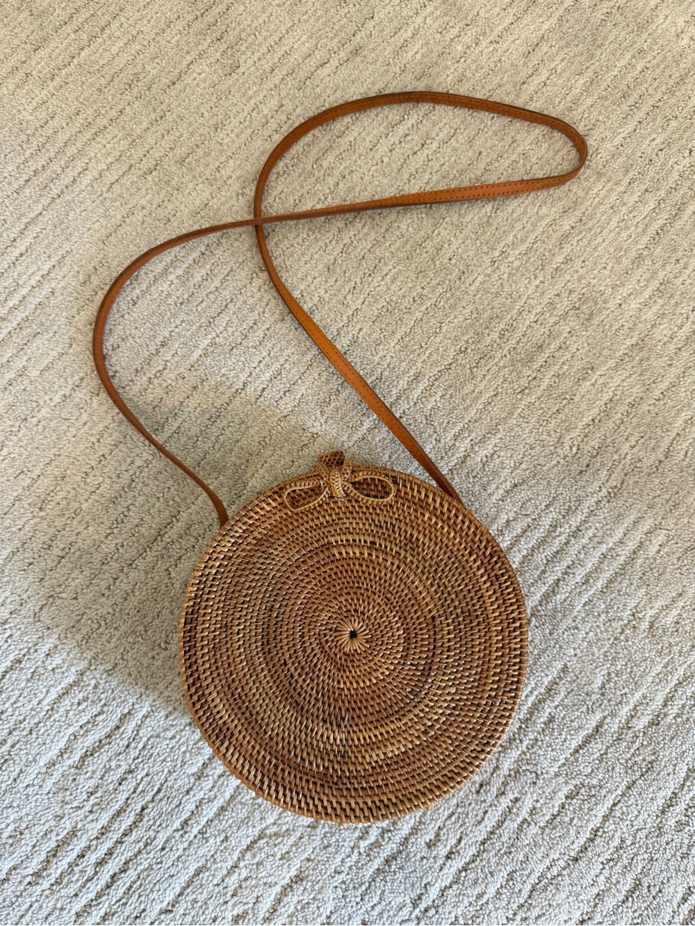 Round Woven Crossbody Bali Bag in Tan